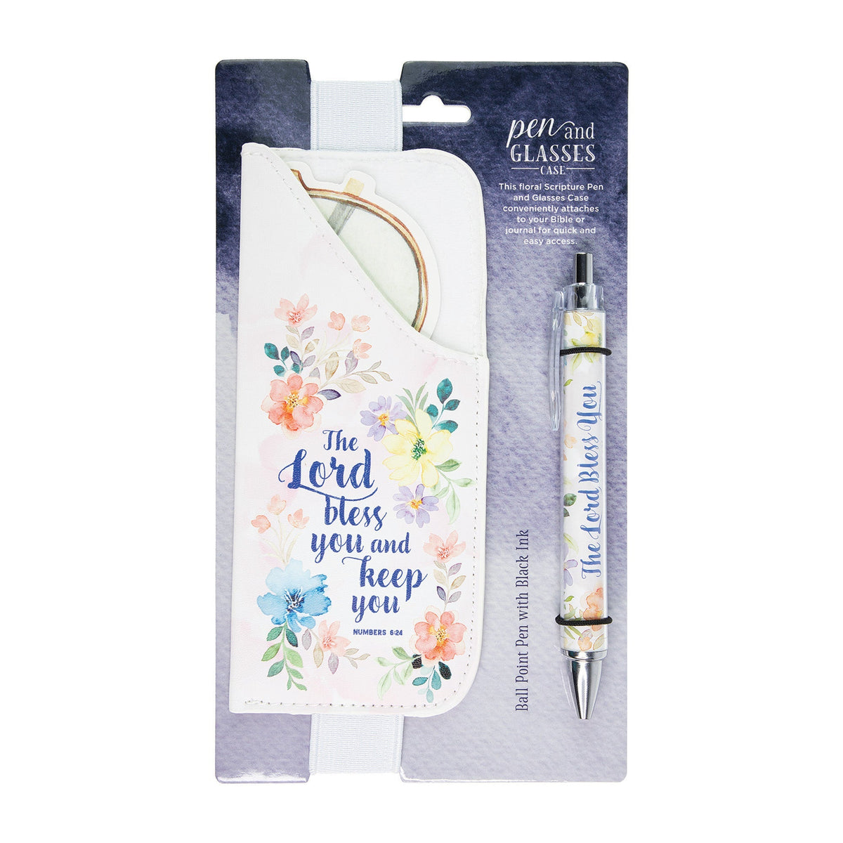 Floral pen and glasses case set with 'The Lord Bless You' scripture and matching black ink pen.