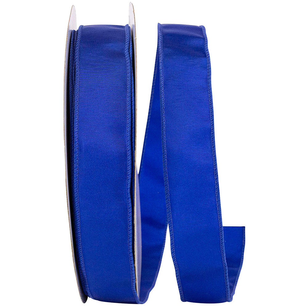 1-1/2 inch royal blue grosgrain sheen wired edge ribbon on a spool.