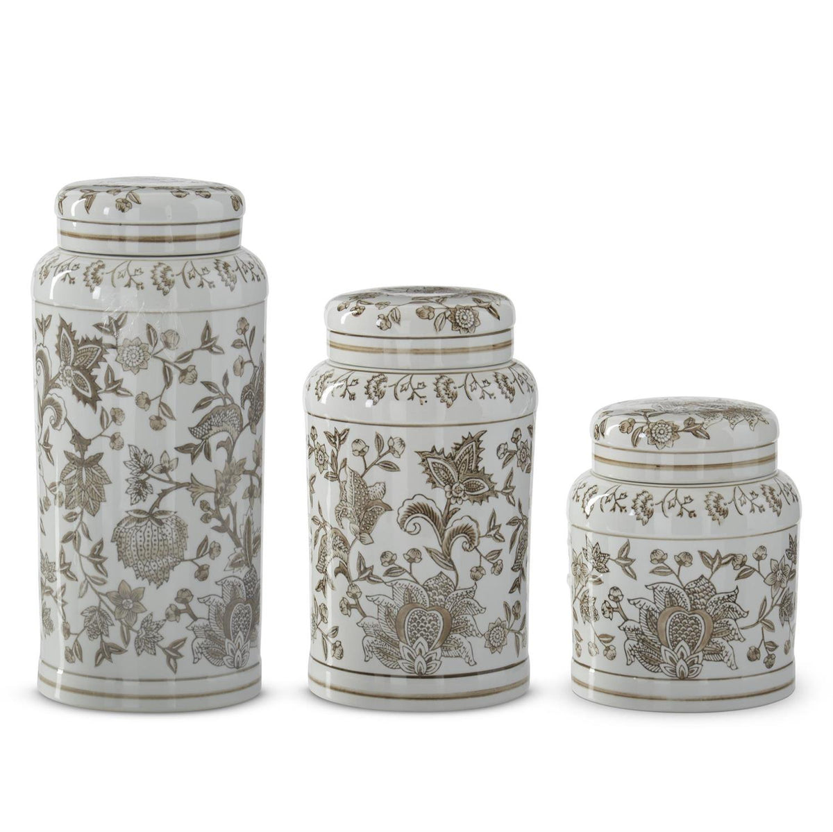 Taupe and white porcelain lidded jar with chinoiserie pattern