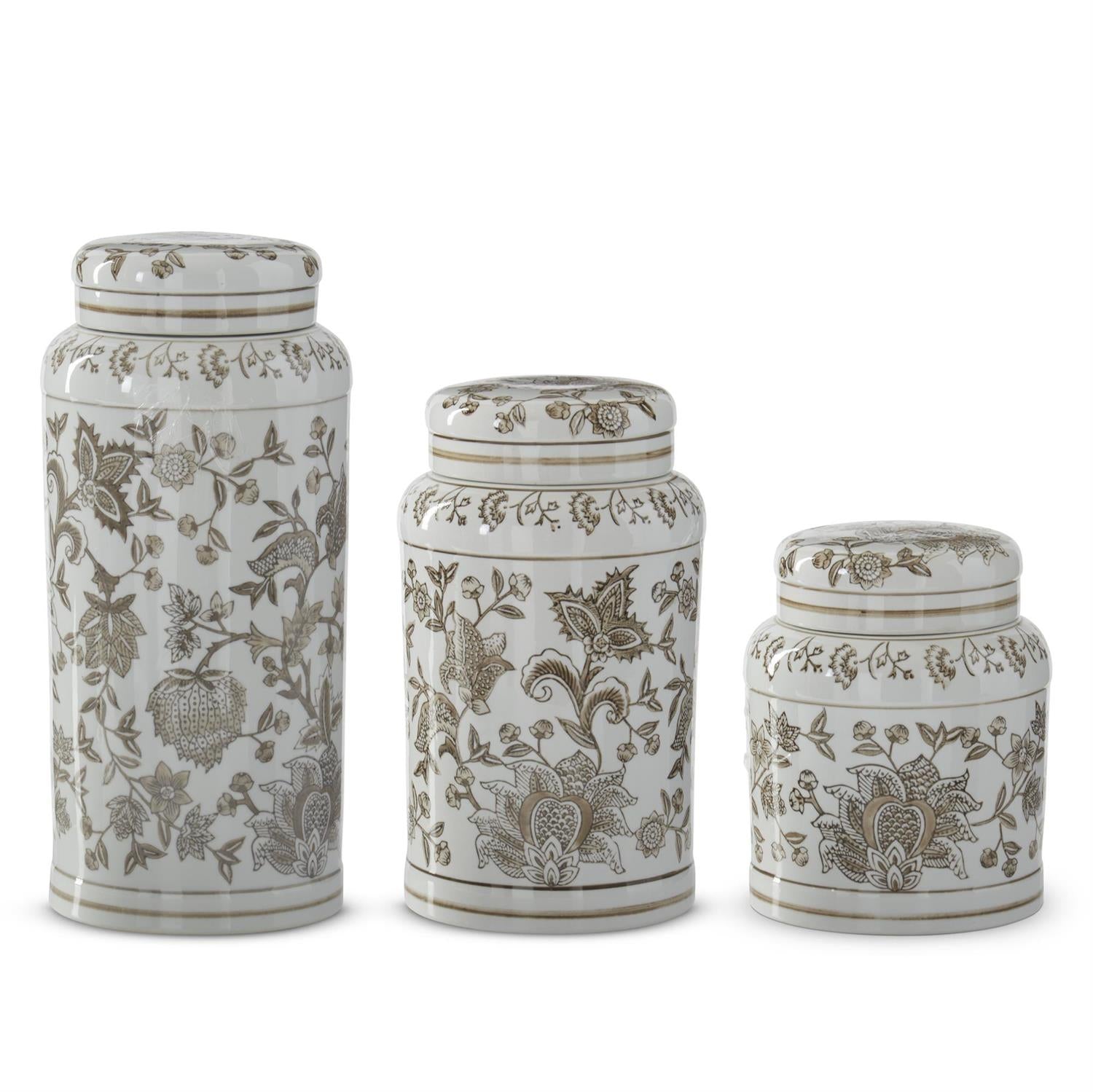 Taupe and white porcelain lidded jar with chinoiserie pattern