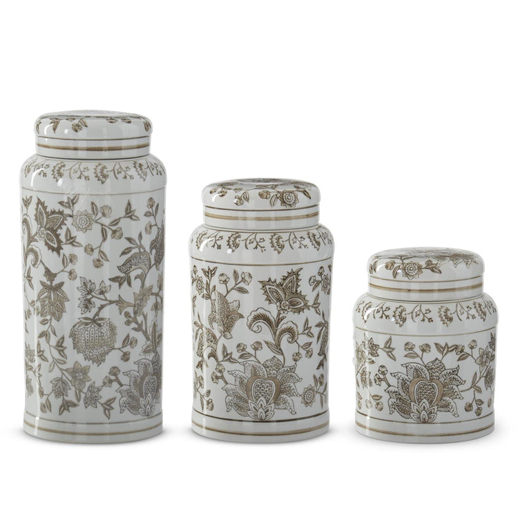Taupe and white porcelain lidded jar with chinoiserie pattern