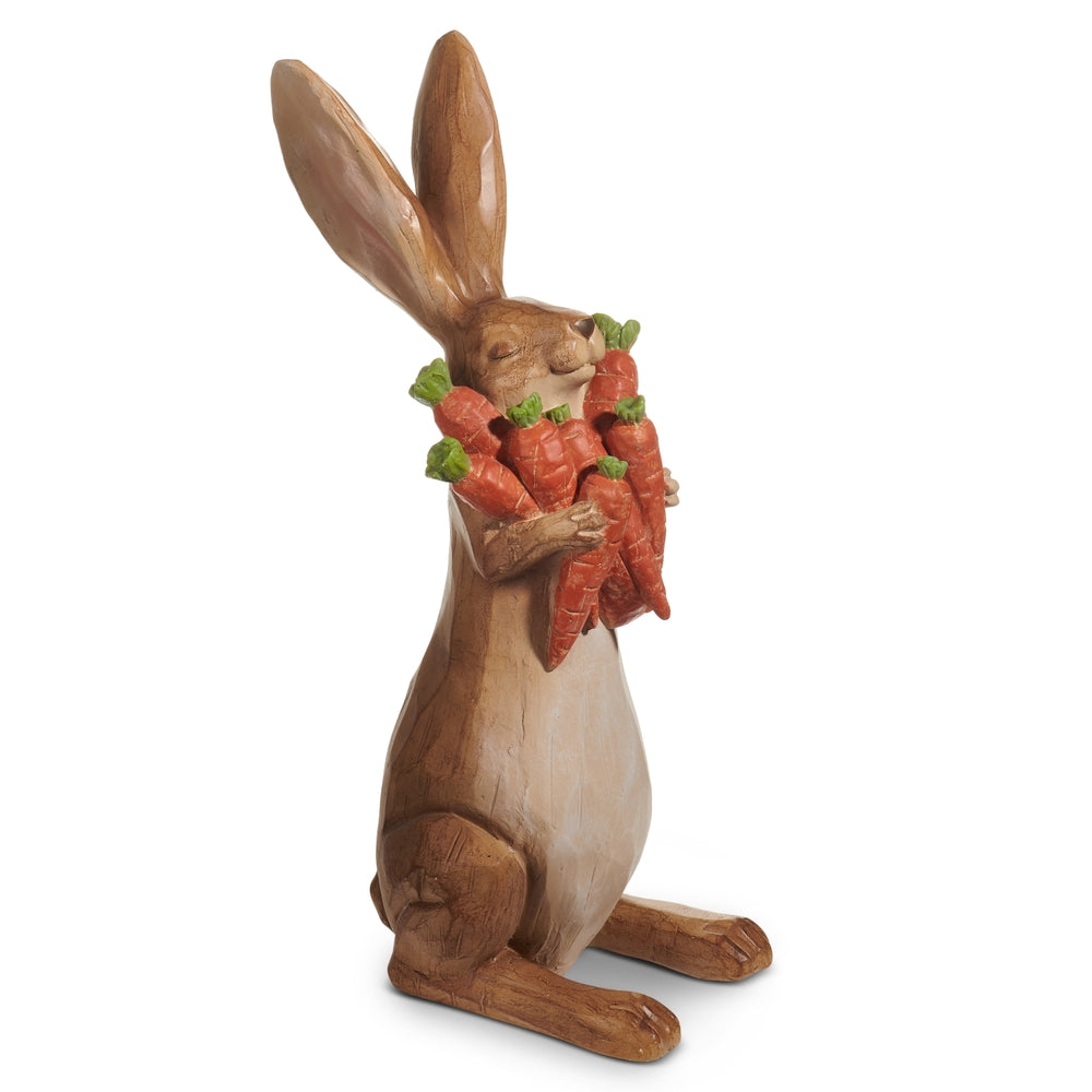 30.5-inch carrot-loving bunny figurine with orange body, white ears and belly, holding a green-topped carrot.