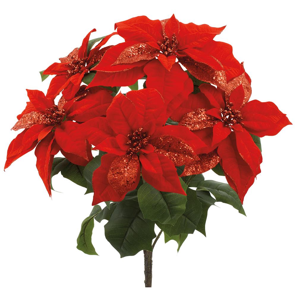 23-inch red sparkle poinsettia bush with five glitter-accented fabric flower heads and green leaves.