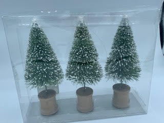 Set of three 6-inch green bottle brush trees with white snow-tipped needles on wooden spool bases.
