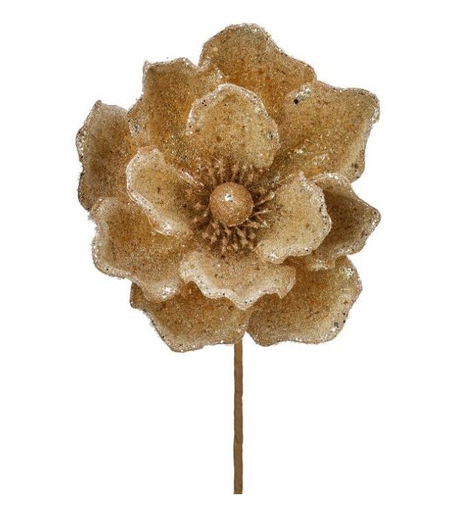 24-inch gold magnolia stem with micro beads and sequins on a brown wire stem.
