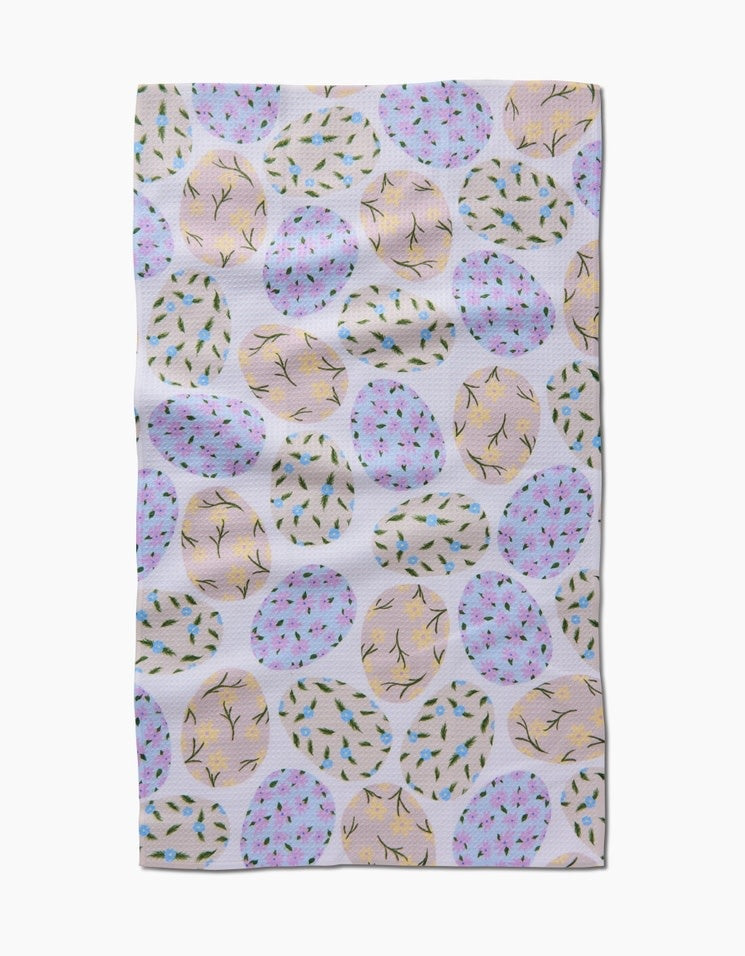 Recycled polyester waffle weave kitchen tea towel with single-sided egg pattern print