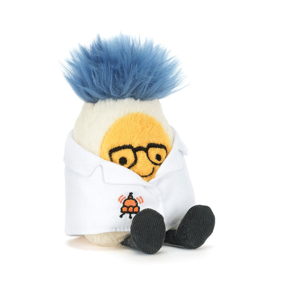 Amuseables Boiled Egg Scientist plush with blue fuzzy hair, glasses, and a white lab coat.