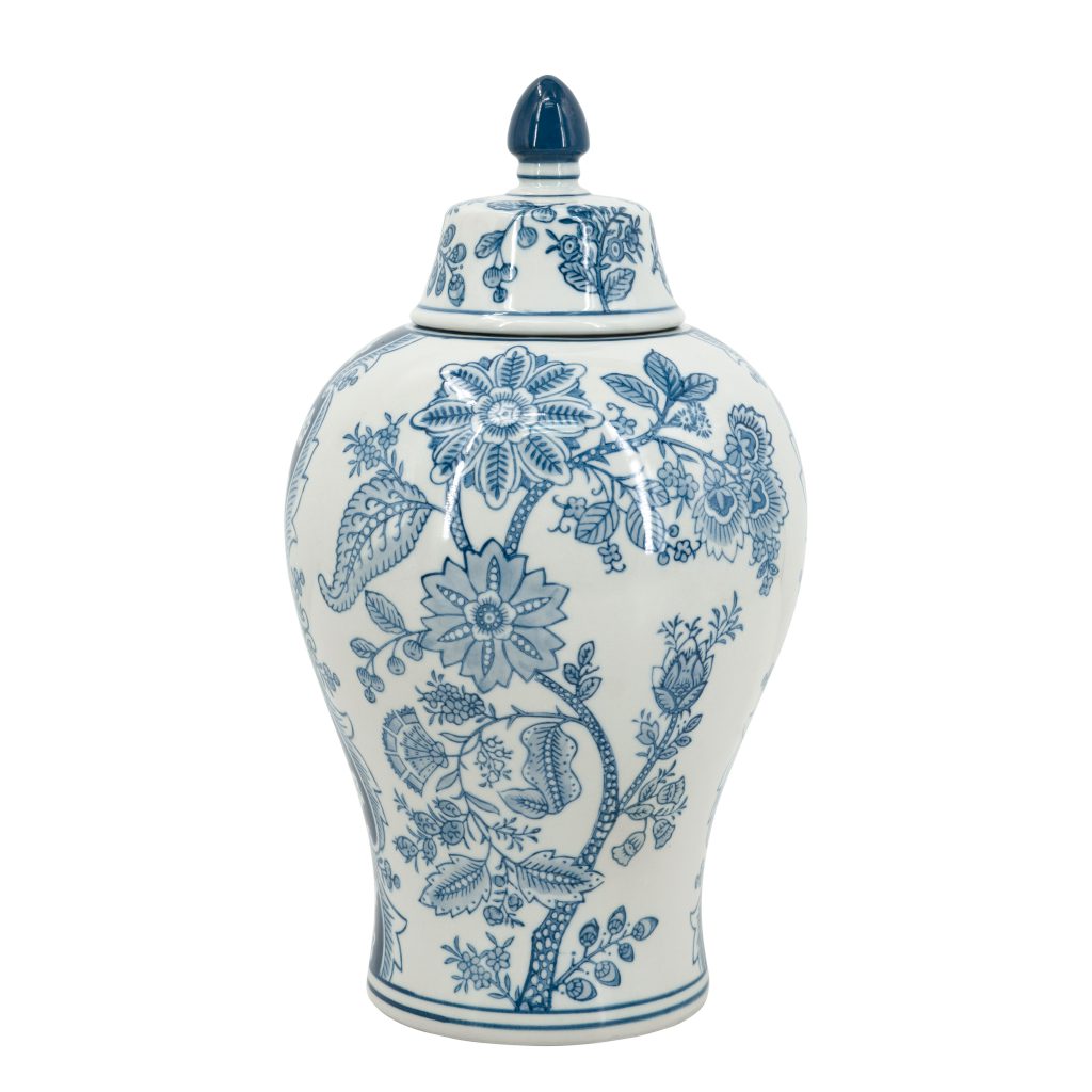 Blue and white floral porcelain lidded jar with a pointed finial and intricate botanical patterns.
