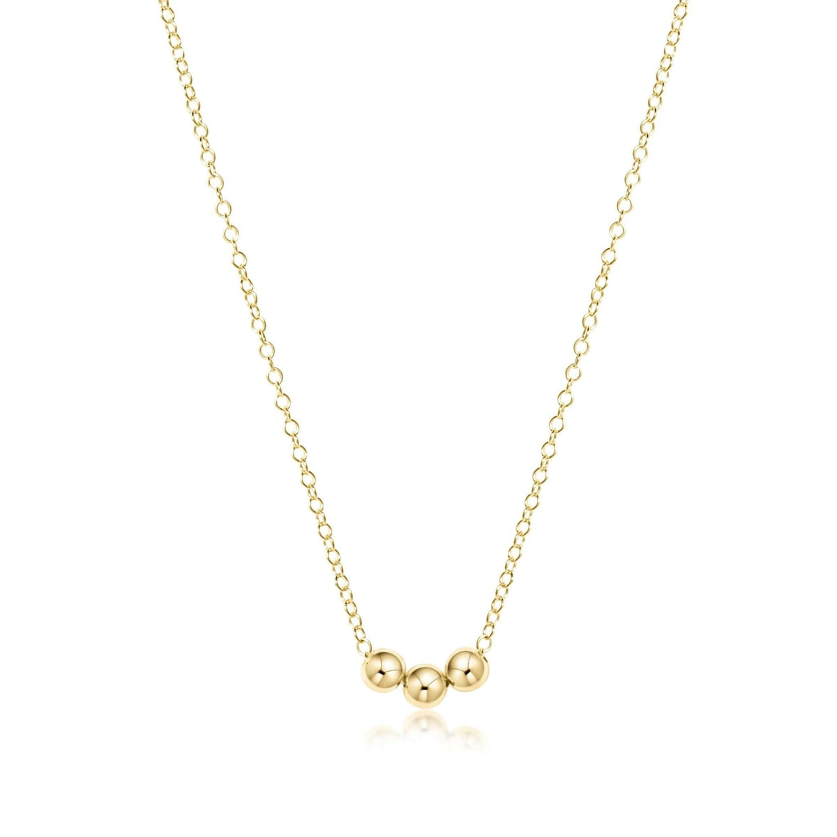 Gold-filled necklace with three layers of small gold beads on a 14-inch chain.