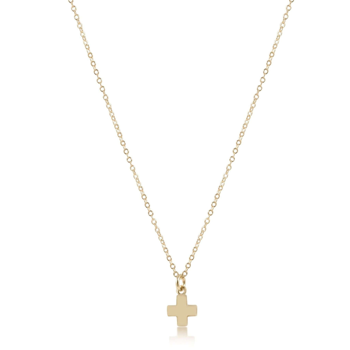 Gold-filled necklace featuring a small cross pendant on a 14-inch chain with layered gold beads.
