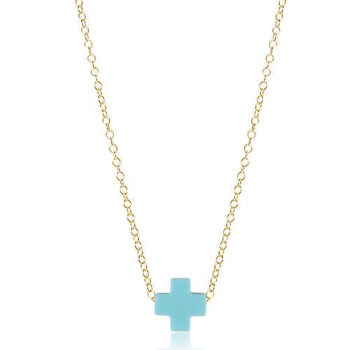 Gold-filled EGirl Signature Cross necklace on a small 14-inch chain with turquoise accents.
