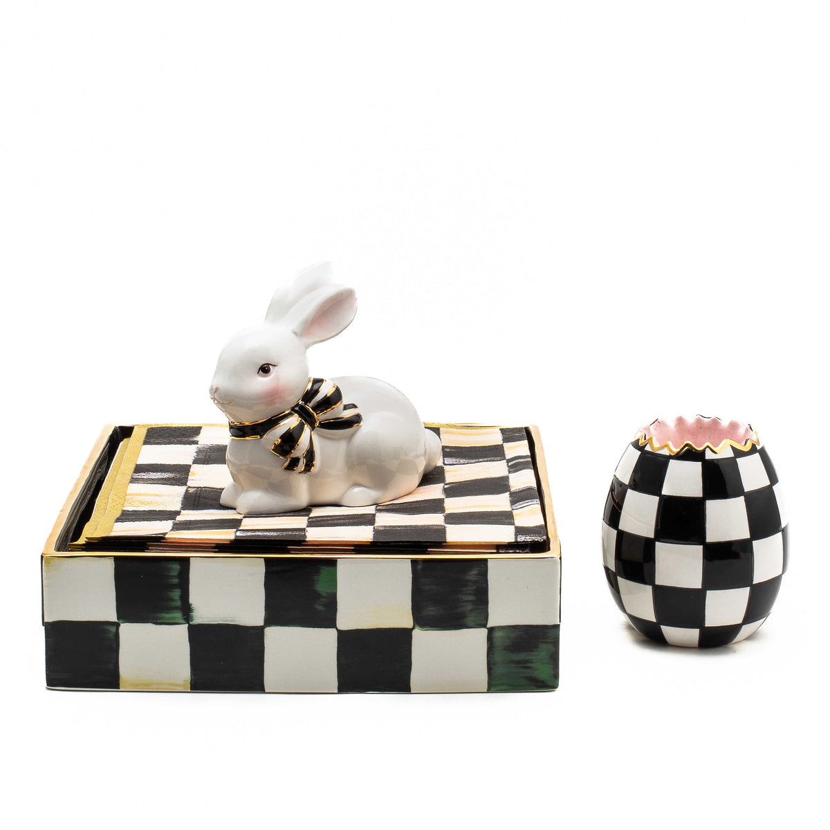 Ceramic luncheon napkin holder with a courtly check pattern in blue and white.