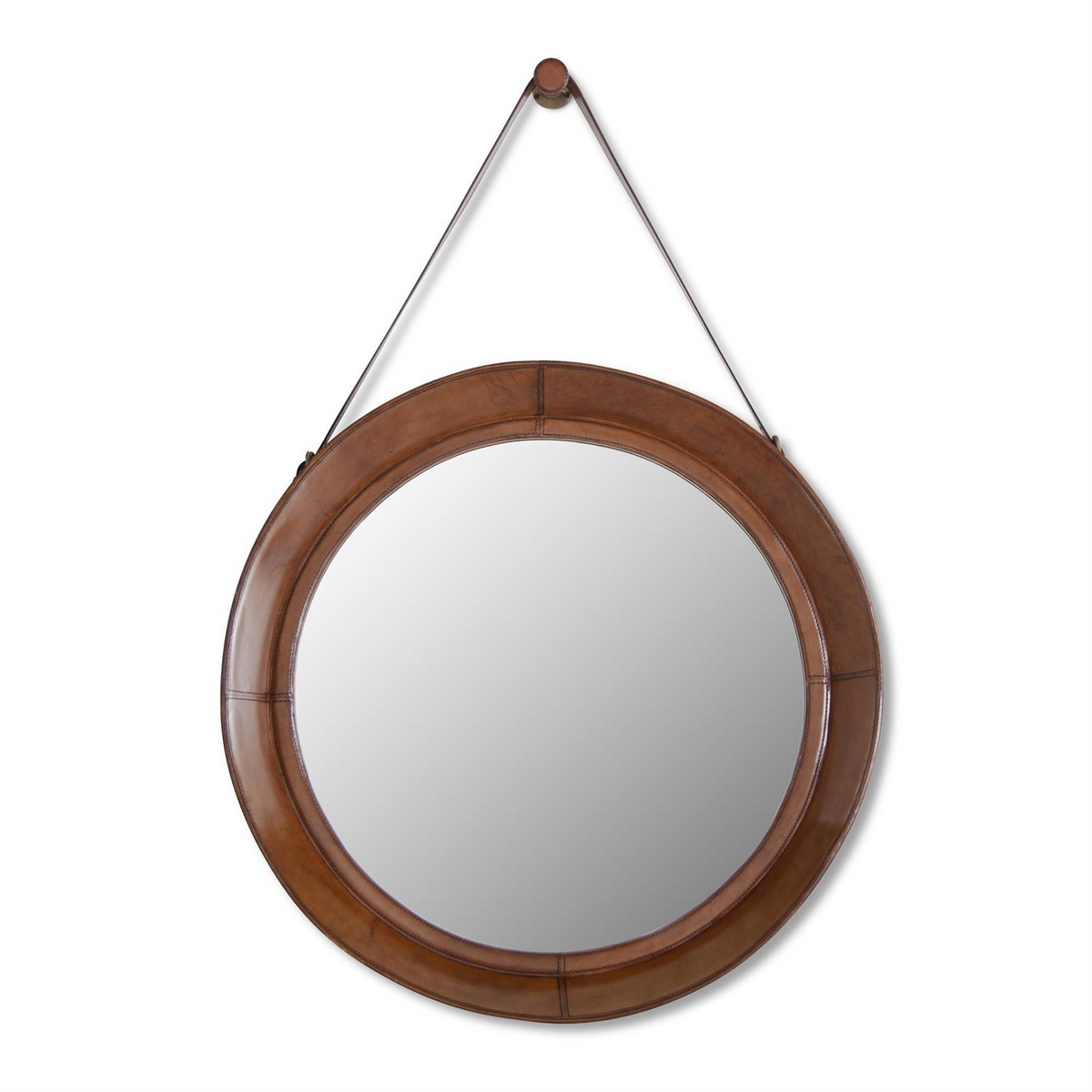 28.25 inch round wall mirror with a brown leather frame and hanging strap.