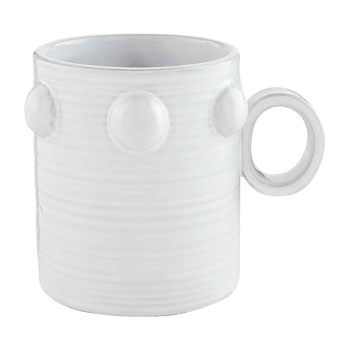 White 16 oz terracotta beaded mug with a textured horizontal ribbed design and circular handle.