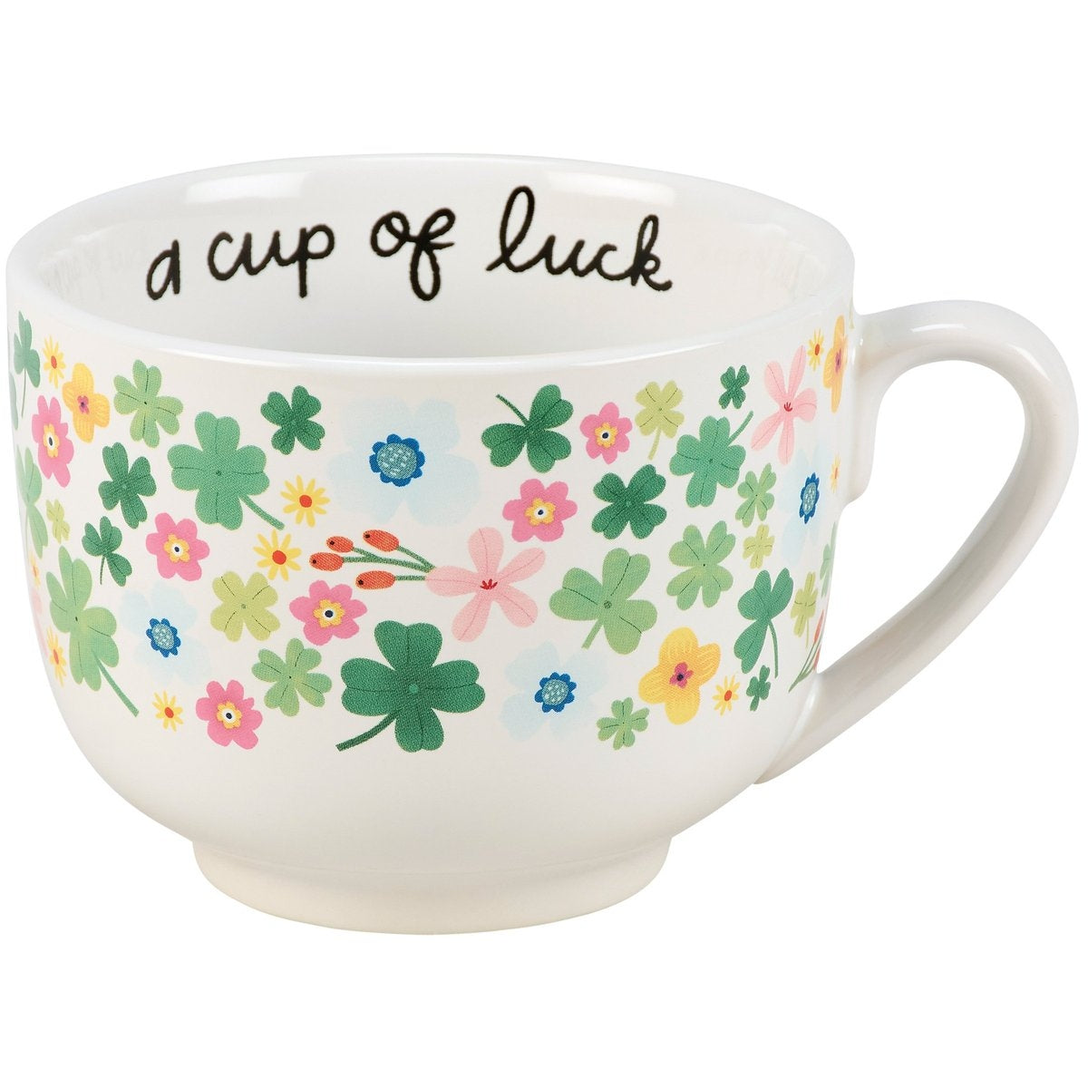 White stoneware mug with 'A Cup of Luck' text in black script on a light background.