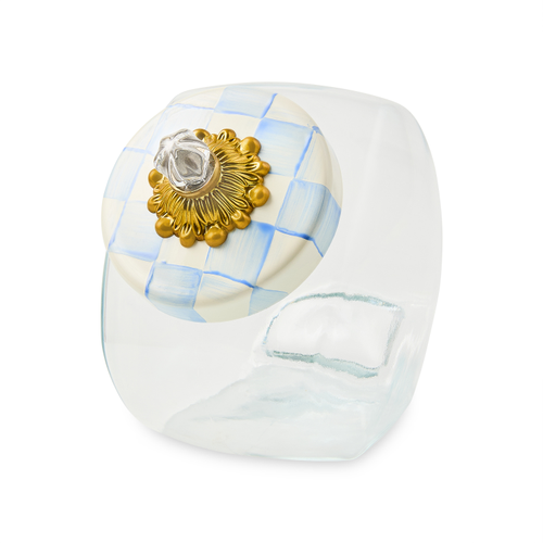 Glass sweets jar with sky blue checkered lid featuring a brass knob assembly.