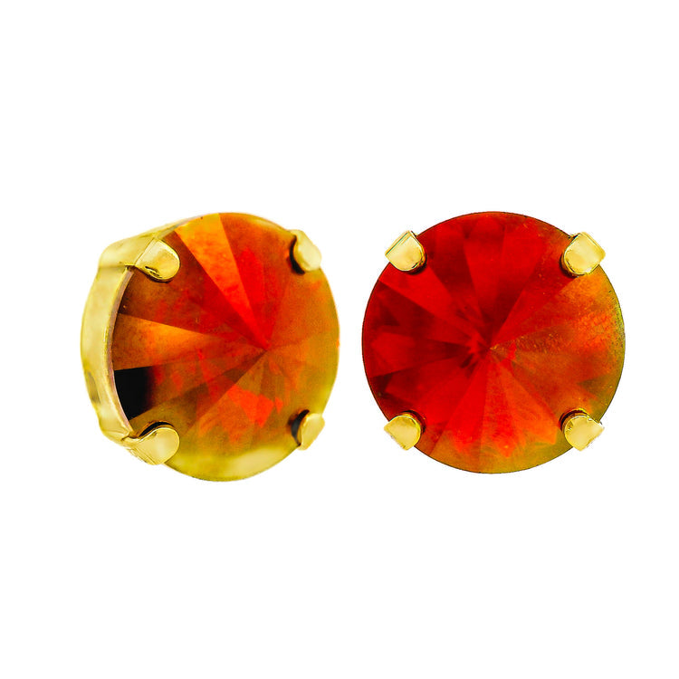 Antique gold-plated stud earrings with large clear crystals on surgical steel posts.