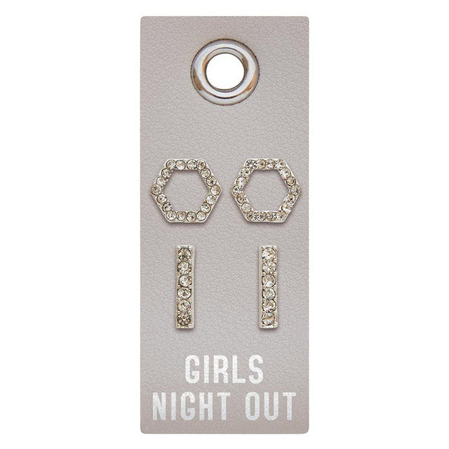Silver stud earrings featuring a rhinestone center surrounded by PU leather tags.