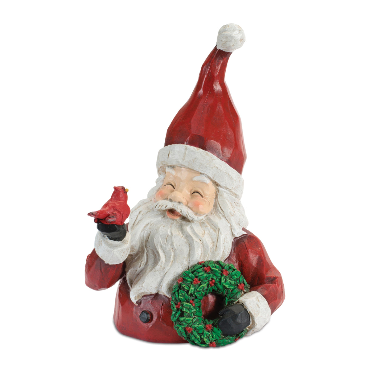 Santa Claus bust figurine holding a green wreath and a red cardinal bird.