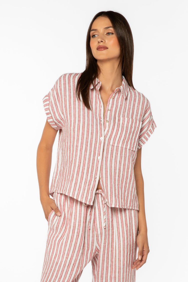 Kirsty striped linen-viscose top with collar, chest pocket, cuffed short sleeves in light neutral tone.
