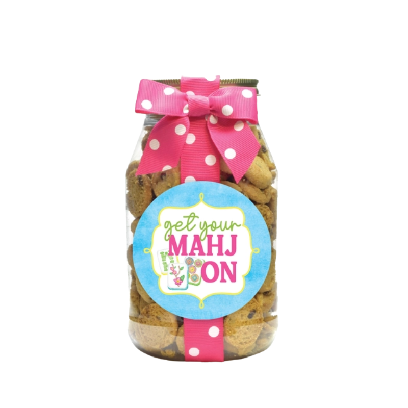 Quart cookie jar with pink polka dot ribbon and a blue label reading "get your MAHJ ON".
