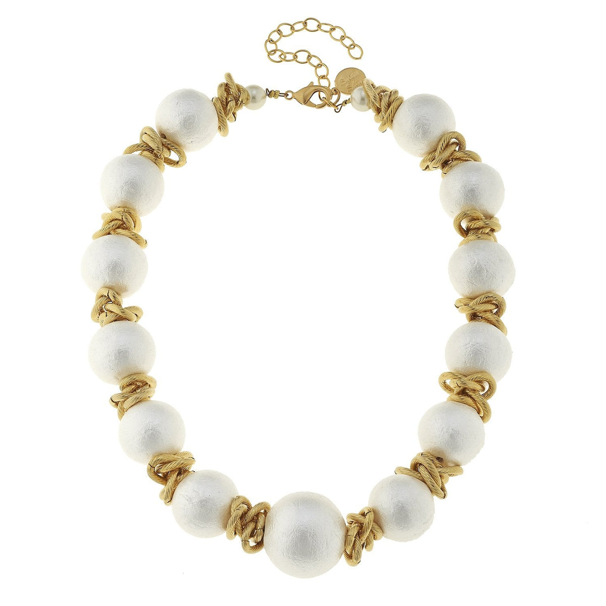 Cotton Pearl Link Necklace with large white cotton pearls and 24k gold-plated textured link accents.