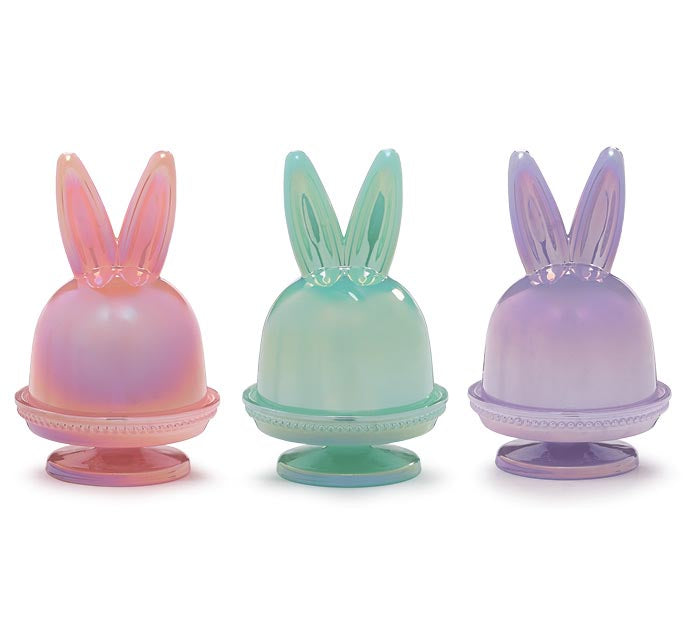 Pearlized white bunny ear cupcake stand dome with a scalloped edge and two upright ears.