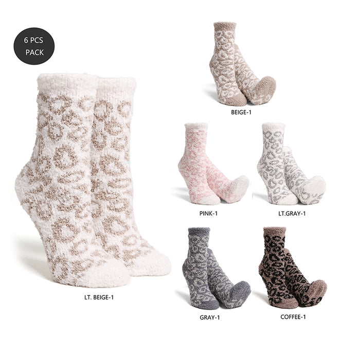 6-pack of soft leopard pattern mini crew winter socks in beige, pink, gray, and coffee colors.
