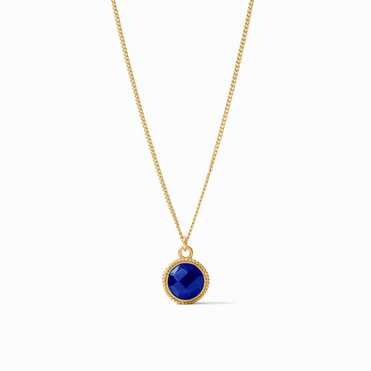 Fleur-De-Lis Solitaire Necklace in 24K gold plate with a round, faceted blue glass pendant.