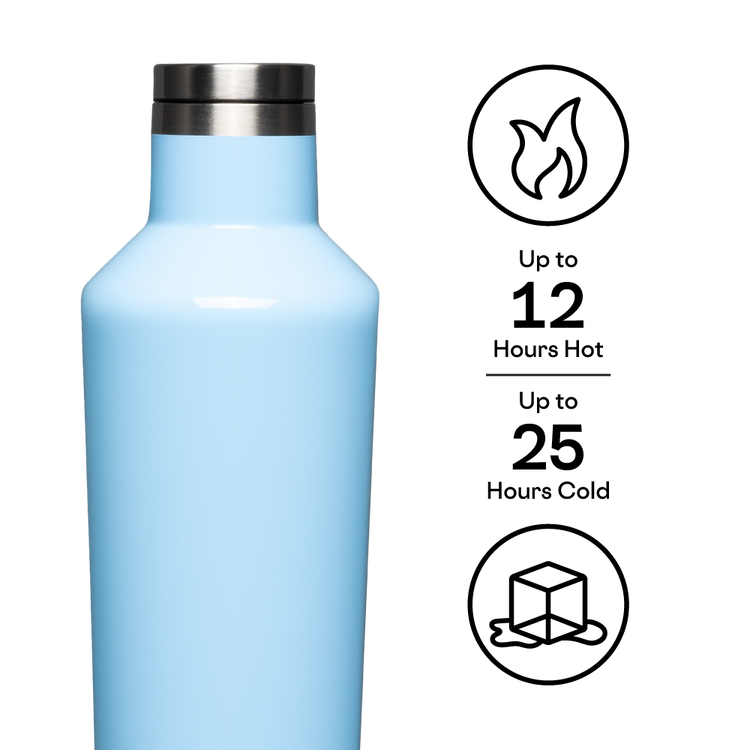 16oz light blue Canteen Water Bottle showing it keeps drinks hot for 12 hours and cold for 25.