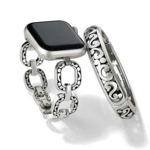 Silver Contempo Linx watch band with scrollwork links on a smartwatch next to a matching bracelet.