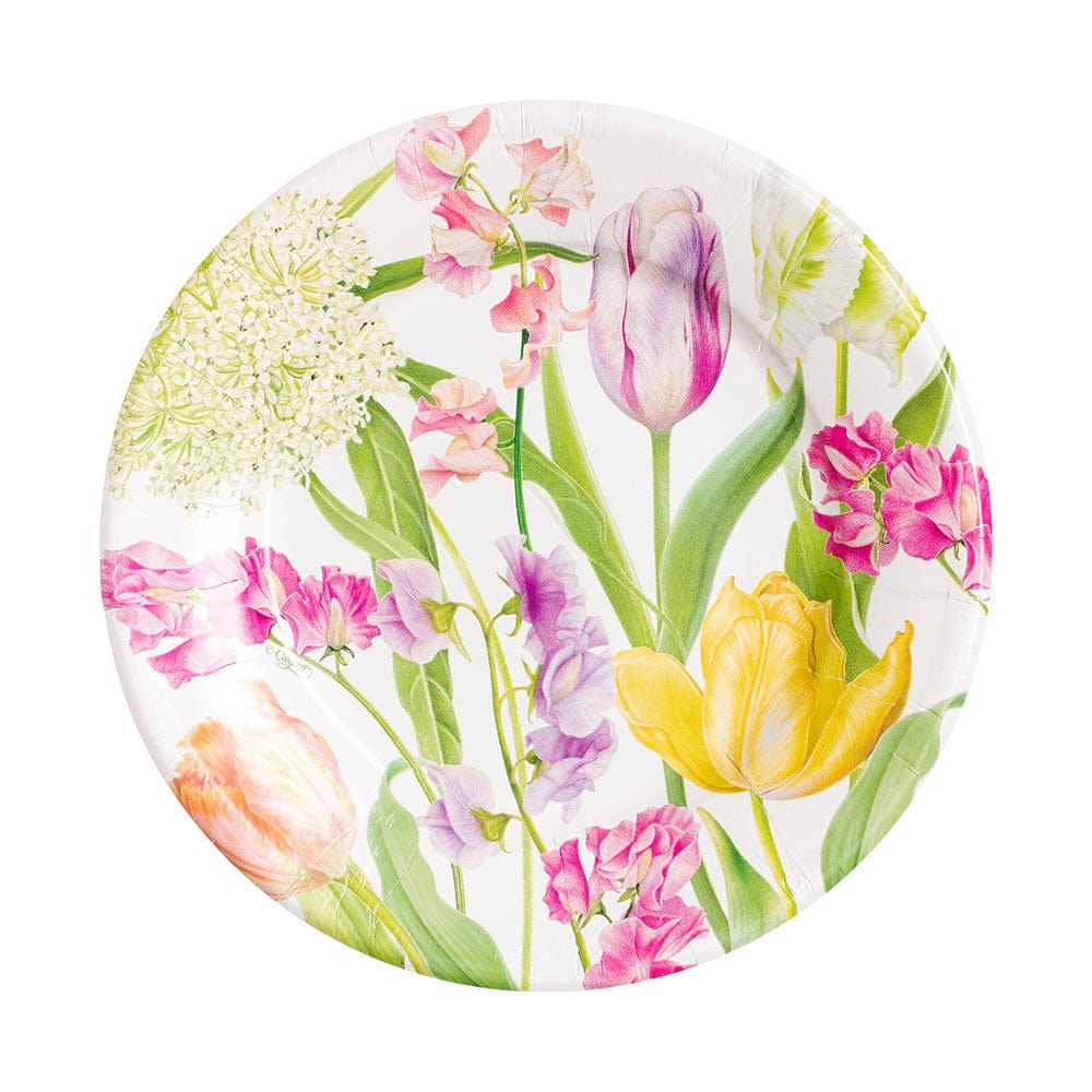 Round paper plate featuring a colorful botanical illustration of tulips and sweet peas.