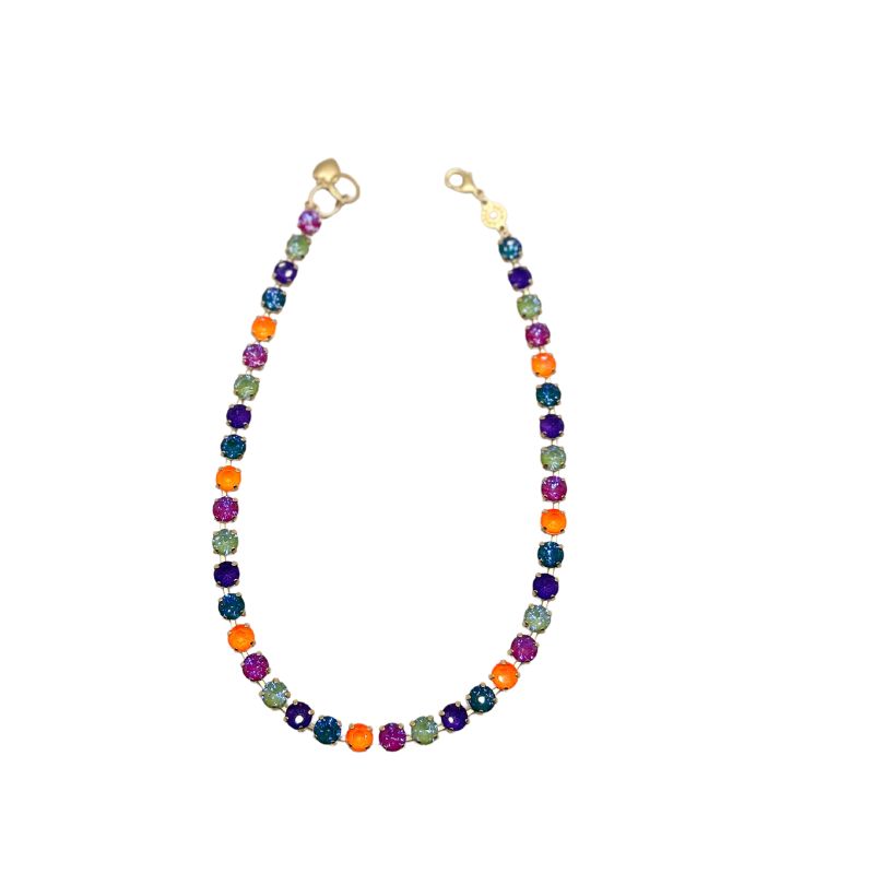 RIO Gold Necklace featuring a string of vibrant, multi-colored round gemstones in a gold setting.
