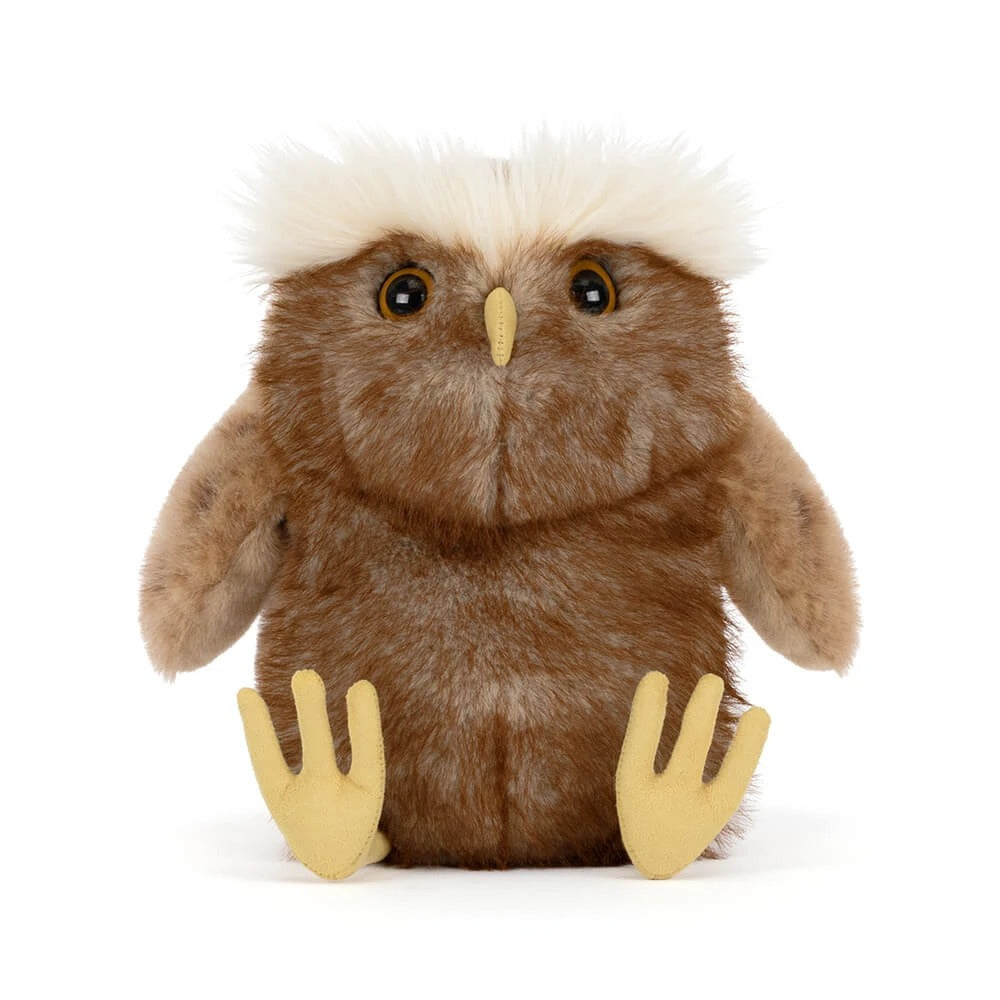 Tawoola Owl plush toy with brown mottled fur, white fluffy head feathers, and yellow beak and feet.
