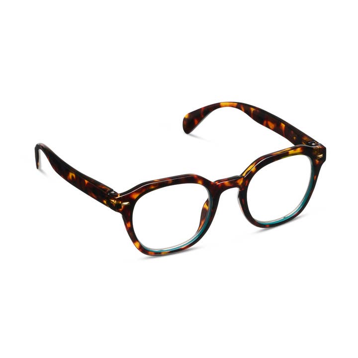 Neon tortoise shell polycarbonate glasses with blue light focus lenses and spring hinges.