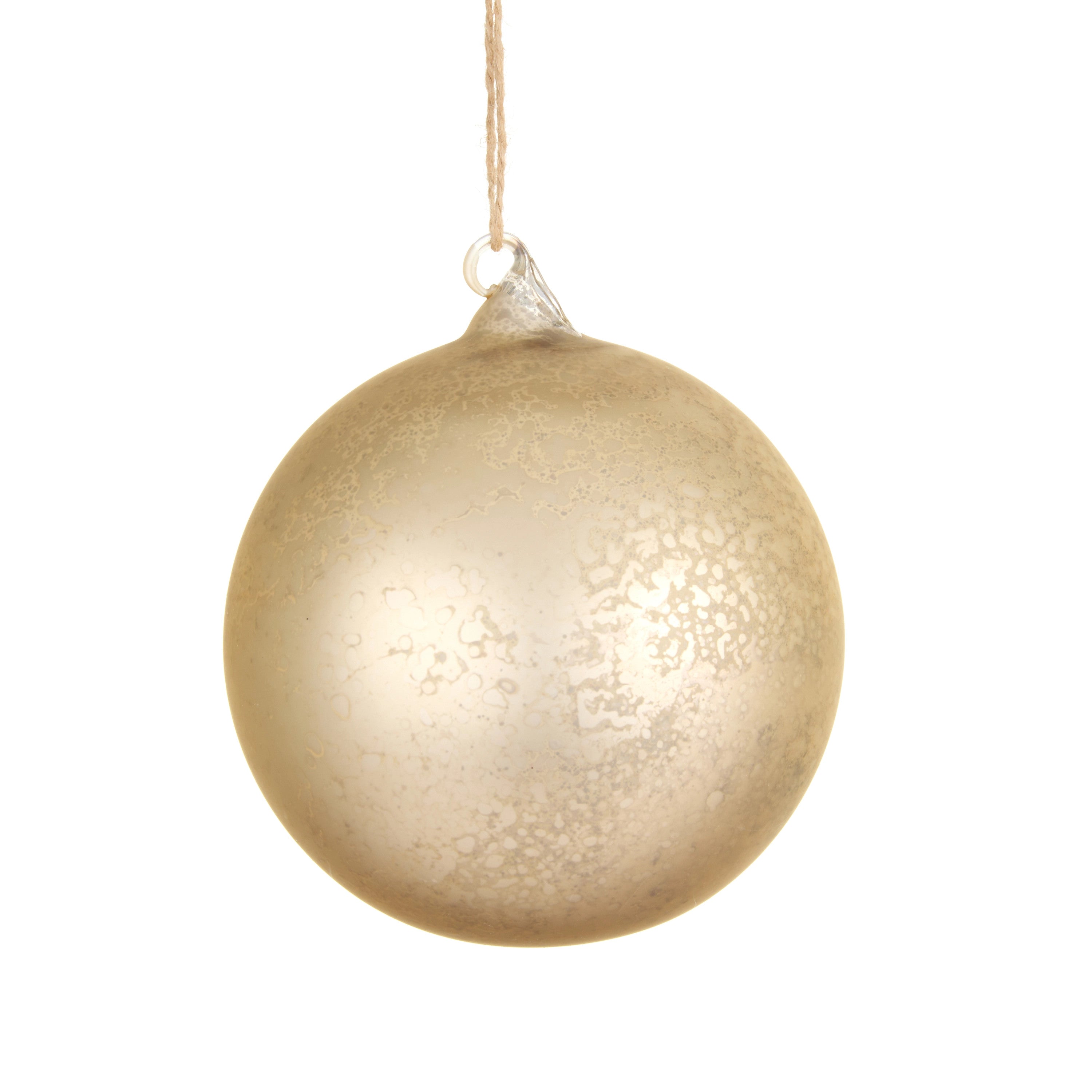 5-inch gold mercury finish glass ball Christmas ornament hanging by a string.