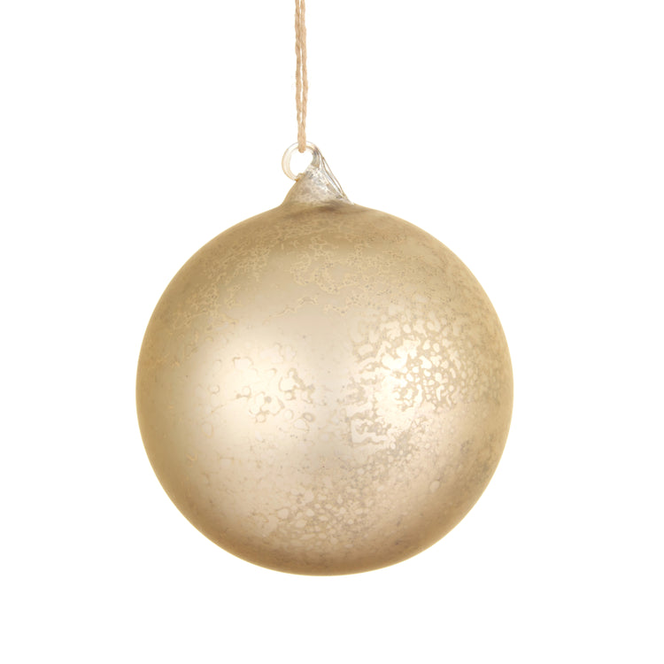 5-inch gold mercury finish glass ball Christmas ornament hanging by a string.