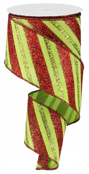 2.5-inch wide polyester ribbon with diagonal red and lime green glitter stripes on a spool.
