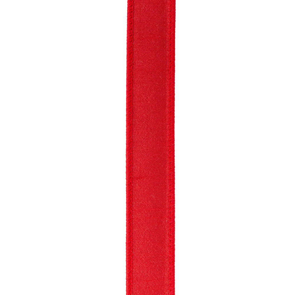 1 inch red plush velvet wired edge ribbon shown vertically against a white background.