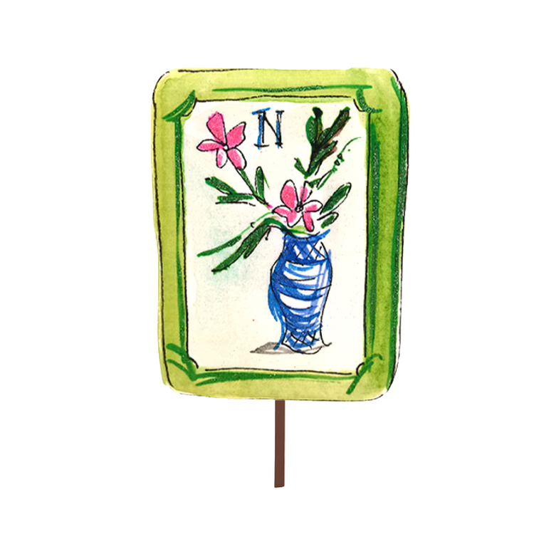 Hand-painted mahjong tile stake featuring pink flowers in a blue vase with a green border.