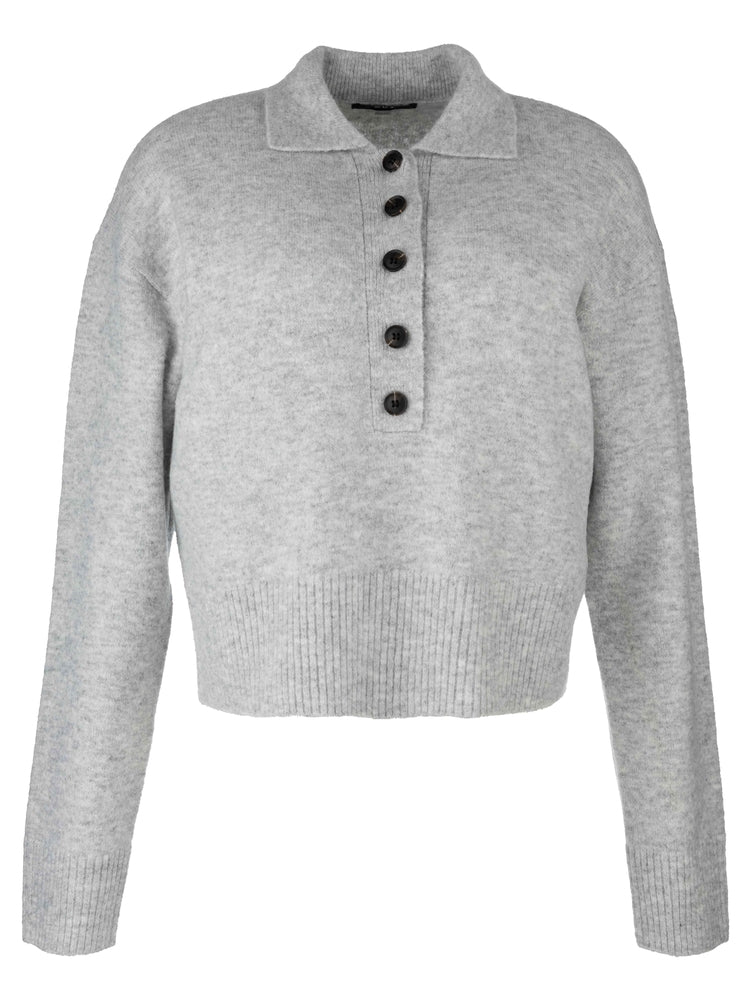 Soft knit Lilia button-front long sleeve sweater in neutral tone with ribbed cuffs and hem.