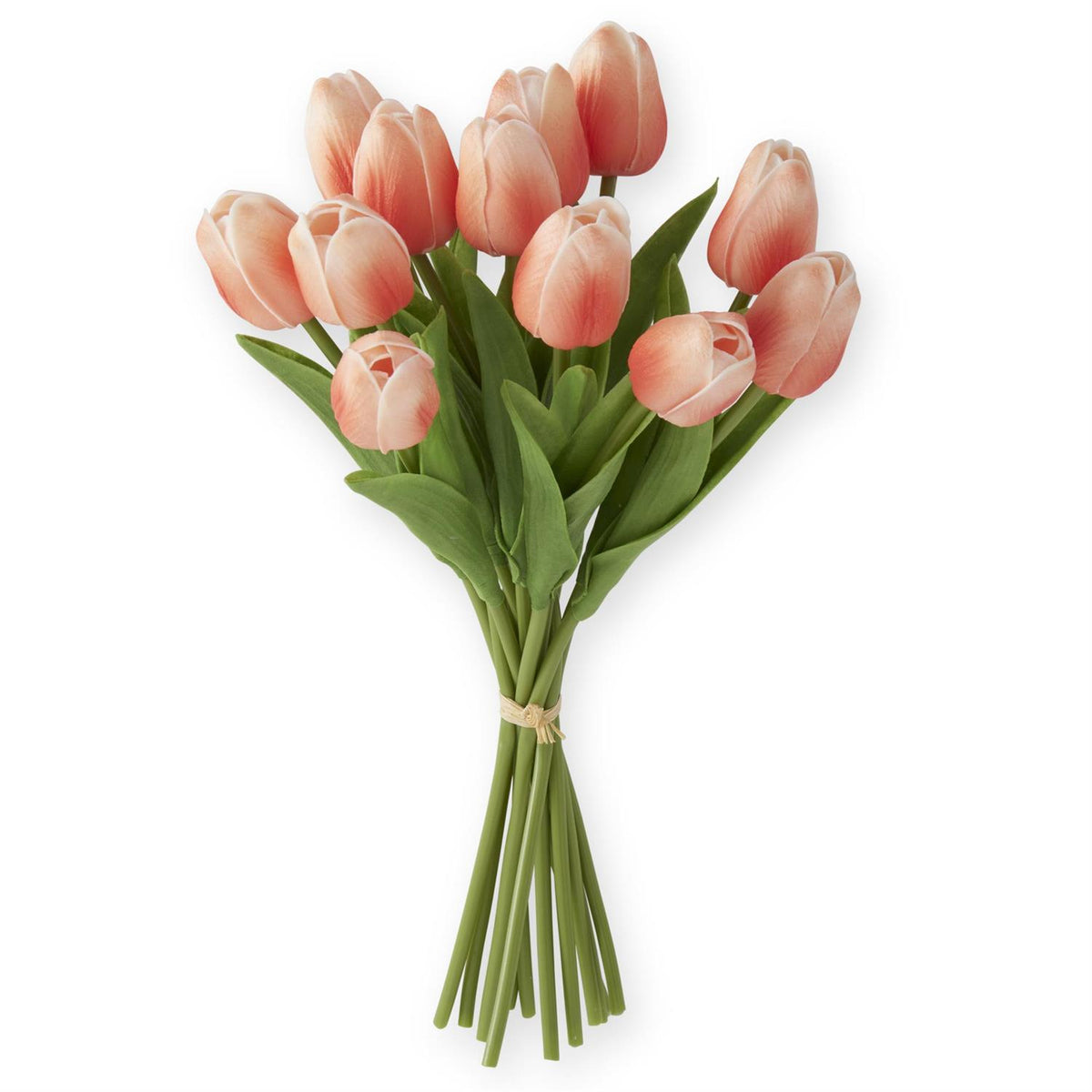 Bundle of three black polyurethane tulips with green leaves on a white background.