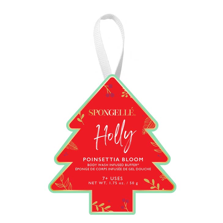 Spongellé Holly Poinsettia Bloom body wash infused buffer in a red Christmas tree shape with green trim.