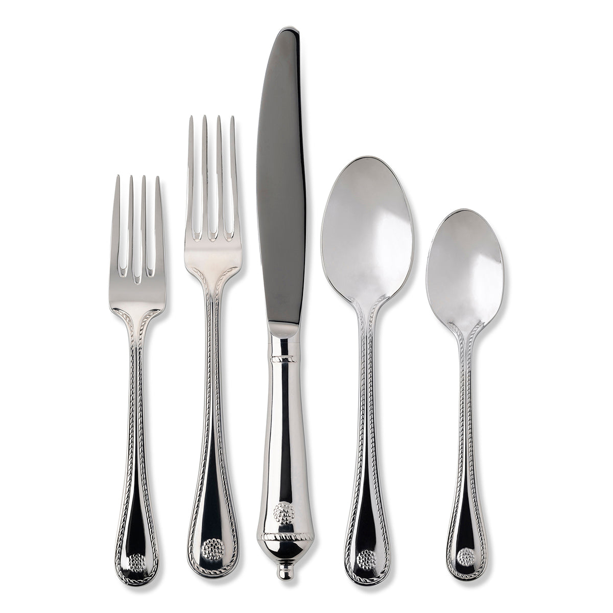 Polished Berry & Thread five-piece place setting featuring stainless steel flatware with a sleek silhouette.