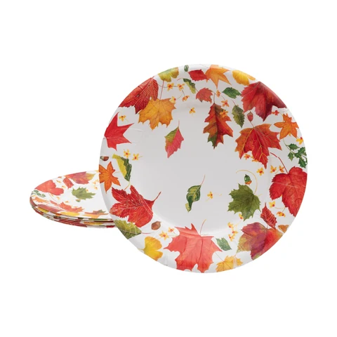 Caspari Swirling Leaves White Paper Dinner Plates featuring a colorful autumn leaf pattern.