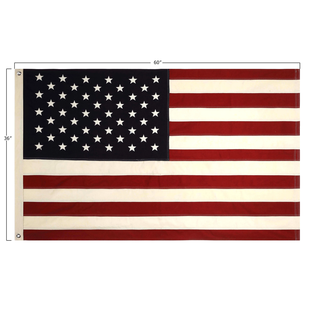 Americana flag with grommets featuring red, white, and blue stars and stripes on fabric.