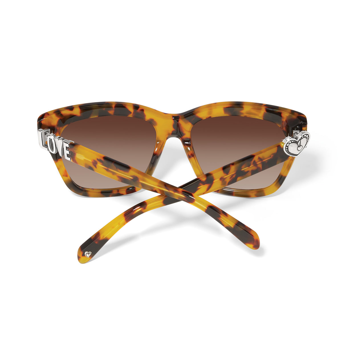 Tortoise shell cat eye sunglasses with silver 'LOVE' and heart accents on the temples.