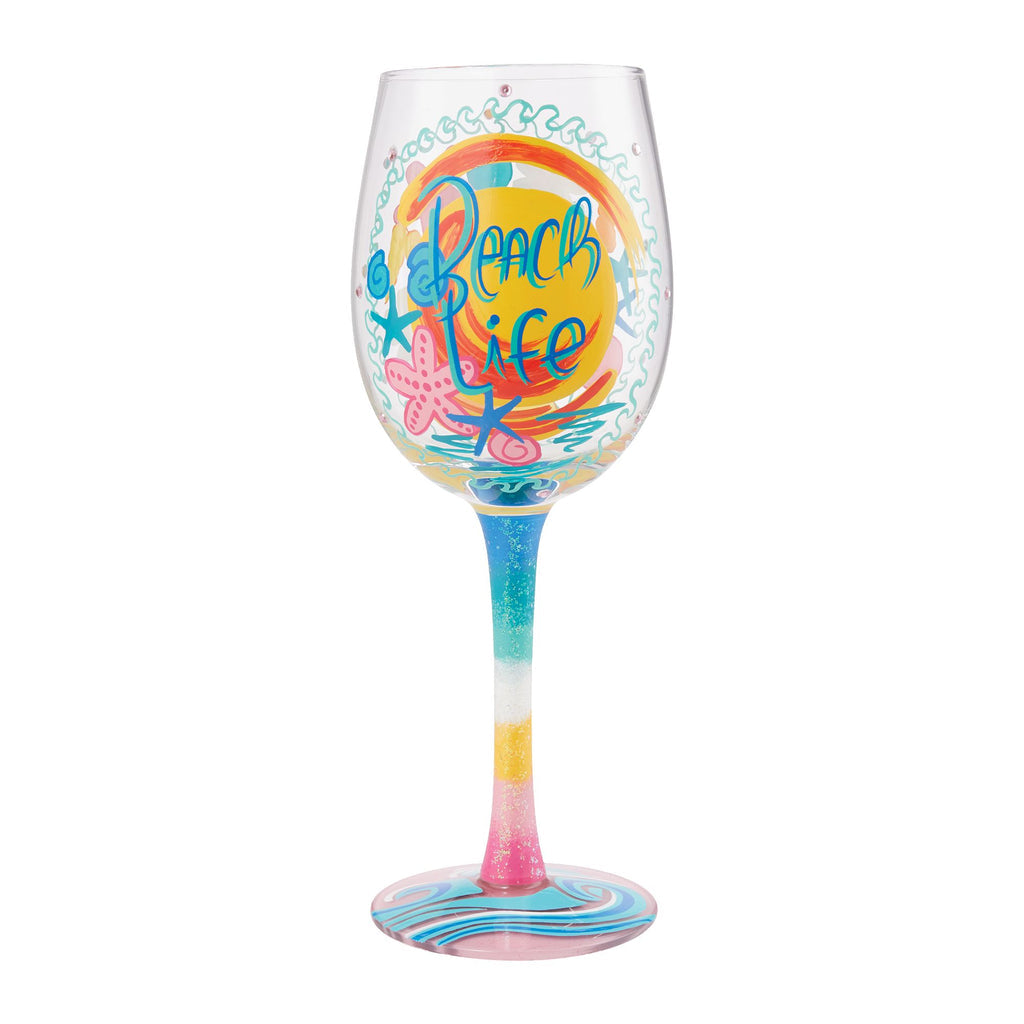 Lolita wine glass with hand-painted floral designs, glitter accents, and a cocktail recipe printed on the base.