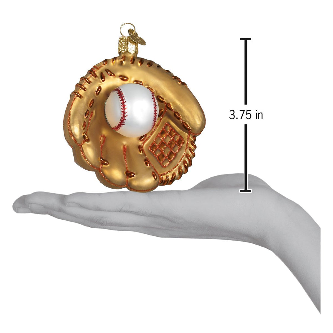 Gold baseball mitt ornament with a white baseball, shown next to a hand for scale.