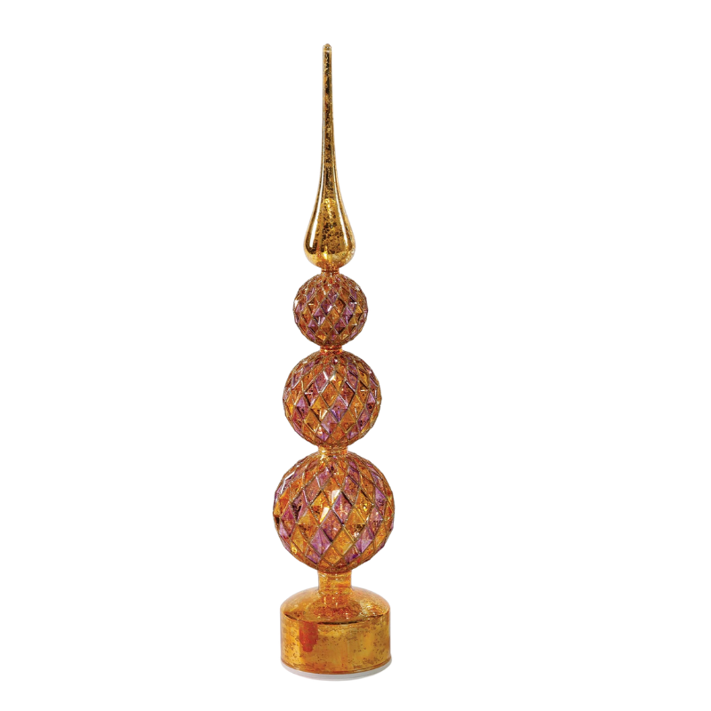 Tall gold and pink mercury glass revolving tree with three diamond-patterned spheres and a spire.